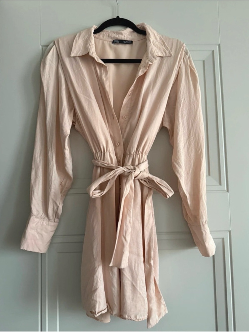 Zara Blush Tie-Waist Mini Shirt Dress